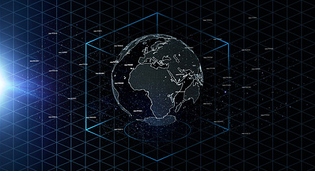 Image showing Hologram earth, planet and coding in space for global network, cube and cybersecurity and lens flare. Holographic world, overlay and futuristic light for digital transformation in technology abstract