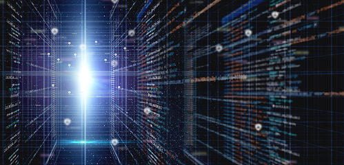 Image showing Coding, cyber hologram and programming by dark background for information, connection and data science. Futuristic digital transformation, software and cybersecurity for ux with quantum computing