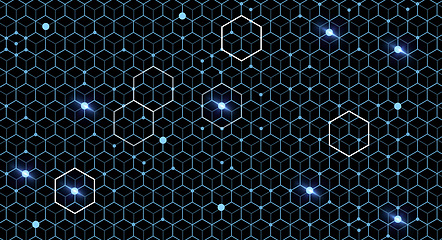 Image showing Blue hexagon, pattern and light on black background with dots, texture and digital matrix on cyber connection. Neon lighting, future technology and system information grid, boxes and dark wallpaper.