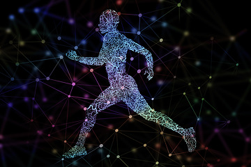 Image showing Graphics, illustration of man running and digital transformation, sports science and color on dark background. Technology abstract, fitness progress and cardio with geometric pattern, body and design