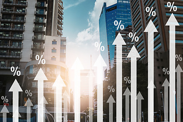 Image showing Chart, finance and overlay on buildings, increase and inflation with cost of living crisis with stats, numbers or traffic. Graph, arrow and percentage for economy data, growth or gdp in Cape Town cbd