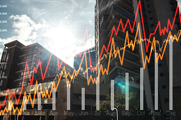 Image showing Finance chart overlay, city and data for inflation increase, stats or numbers for cost of living crisis on calendar. Graph, arrow and percentage for economy, gdp growth or analytics in Cape Town cbd