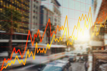 Image showing City background, graphs or stock market with fintech, exchange rate or stocks with corporate deal. Town, buildings or inflation with money, investment or trading with finance, economy and overlay