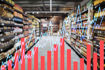 Image showing Chart, double exposure and supermarket for inflation increase in cost of living crisis with stats, numbers or data. Graph, analytics and percentage for economy, gdp growth and shopping mall for food