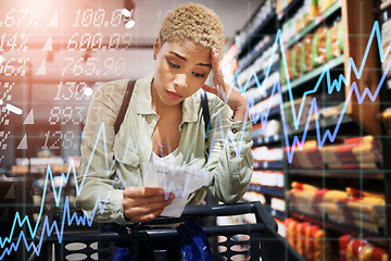 Image showing Woman, grocery shopping and stress with receipt for price increase, budget mistake or financial crisis by shelf. African customer in store or supermarket with headache, food cost or inflation overlay