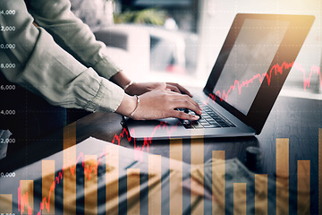 Image showing Laptop, hands and stock market or trading overlay with debt, economy crisis and home budget. Person on computer with cash, money and salary or financial risk, orange graphs or price increase warning