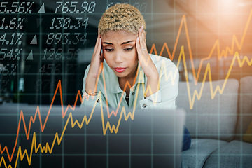 Image showing Hologram, charts and woman with inflation, stress and stock market with headache, burnout and financial crisis. Person, trading or investor with overlay, laptop and economic crash with a migraine