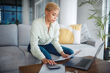 Image showing Home, calculator and woman with a laptop, document or investment with budget planning, review financial portfolio or inflation. Person, paperwork or bills on sofa, pc or economy with research or tax