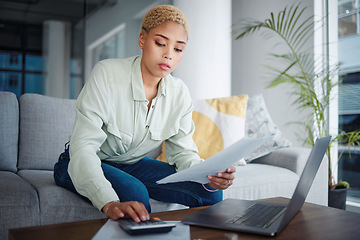 Image showing Home, finance and woman with a laptop, document and calculator with budget planning, investment and inflation. Person, paperwork or girl on a sofa, pc or review financial profile with research or tax