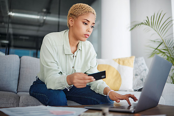 Image showing Woman, credit card and pay bills with laptop, e commerce and fintech with information and internet banking at home. Online shopping, finance and money for budget and savings with customer experience