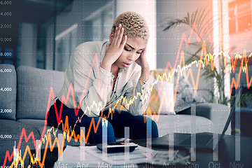 Image showing Woman, overlay and stress of home budget, stock market crash and lines chart, bills or money risk. African person with depression, sad or tired on computer for loan payment, trading or cost of living