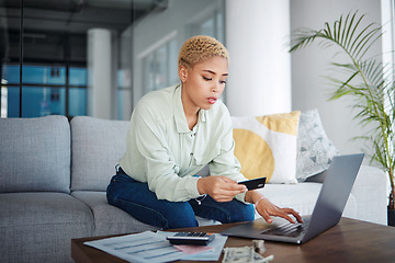 Image showing Budget, bills and woman with laptop and credit card for payment, information or application with fintech at home. Finance management, online shopping and savings, customer and account subscription