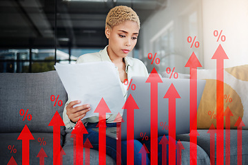 Image showing Stock market, overlay and woman with a laptop, paperwork and research with budget planning, investment and inflation. Home, girl and person on a couch, pc or review financial profile with economy