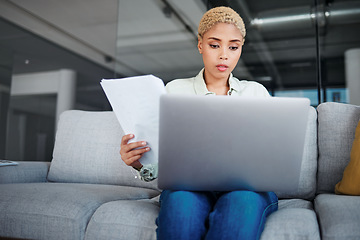 Image showing Home, inflation and woman with a laptop, document and bills with budget planning, investment and research. Person, paperwork or girl with a pc, tax or review financial profile with connection