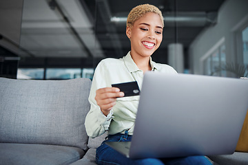 Image showing Woman, laptop and credit card with e commerce and happy about discount on store website, payment and fintech. Finance, online shopping and internet banking success with customer experience at home