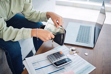 Image showing Hands, wallet and cash, budget or bills, money management with laptop and calculator for tax paperwork. Financial plan, person with info on insurance policy documents, audit and loan payment at home