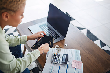 Image showing Empty, wallet and finance with budget and bills, money management with laptop and calculator for tax paper. Financial plan, broke woman and info on documents, loan and investment or inflation at home