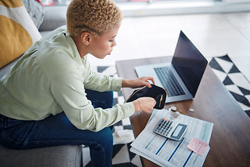 Image showing Woman, wallet and finance with budget and money management, laptop and calculator with tax paperwork. Financial planning, inflation and info on documents, empty and investment with broke girl at home