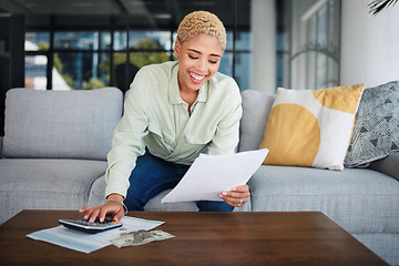 Image showing Woman, calculator and budget on sofa for home finance, taxes documents and income or salary management. Happy african person with cash, money and paperwork for profit, savings and bills or payment