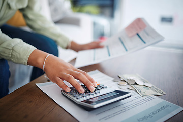 Image showing Hand, calculator and money, budget and paperwork for bills, finance management with insurance policy and cash. Financial plan, person with information on documents and audit with accounting at home