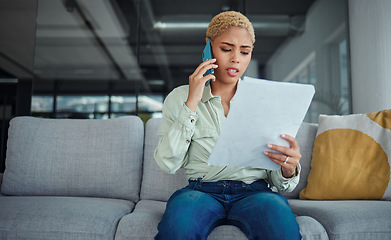 Image showing Home, phone call and serious woman with documents, conversation and connection with network. Person, customer and girl with paperwork, angry or contact for discussion or communication of mobile user