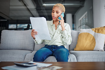 Image showing Angry, phone call and woman with documents, conversation and connection with network, home or speaking. Person, customer or girl with paperwork, frustrated or contact with discussion, stress or shock