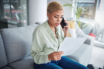 Image showing Home, phone call and serious woman with paperwork, bills and connection with network and contact. Person, customer and girl with documents and upset with discussion, communication and planning