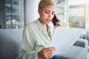 Image showing Home, phone call and woman with documents, stress and connection with network. Person, customer and girl with paperwork, serious and contact with discussion, communication and frustrated with debt