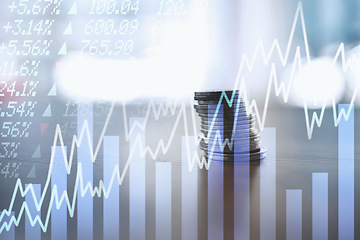 Image showing Coins, graphs or stock market with trading, hologram or overlay for financial investment charts. Background, money increase or inflation with finance, profit growth or economy info with stocks value