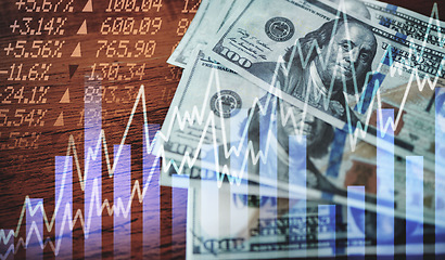 Image showing Money, dollar and cash on overlay for stock market currency, finance or accounting in profit or investment on table. Savings, salary or trend in bills, trading or financial growth of income increase