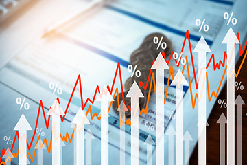 Image showing Coins, charts or stock market with trading, hologram or overlay for financial investment graphs. Background, money increase or inflation with finance, profit growth or economy info with stocks value