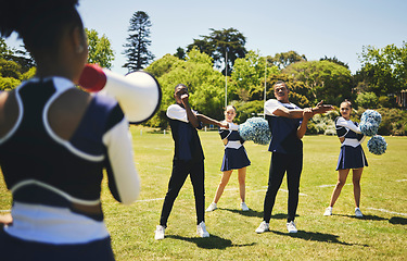 Image showing Cheerleading team, coach and megaphone for practice, stretching and sports field for dancing, cheering and support. Training, warm up and outdoor for exercise together, competition and energy