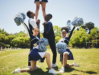 Image showing Cheerleader team, portrait and people in formation, dance and performance on field outdoor for exercise, training or workout. Happy cheerleading group at event, sport competition and game for support