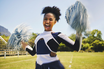 Image showing Woman, cheerleader and smile with pompoms on field, fitness and training for performance, trick and dance. Energetic black person, cheer and sports for motivation, support and encourage in uniform