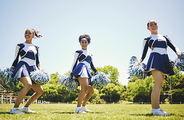 Image showing Portrait, motivation and a cheerleader group of women outdoor for a training routine or sports event. Smile, teamwork and diversity with a happy young cheer squad on a field together for support