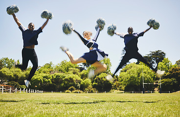 Image showing Cheerleader team portrait, blur and jump for performance on field outdoor in training, celebration or exercise. Happy, cheerleading group and energy for support at event, sport competition and dance