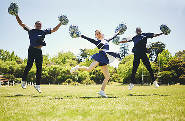 Image showing Cheerleader group portrait, smile and people jump, dance and performance on field outdoor for exercise, workout or training. Happy, cheerleading team and support at event, sport competition or energy