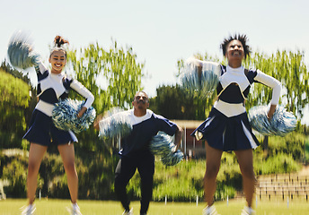 Image showing Cheerleader team, blur and people dancing in performance on field outdoor for exercise, training and healthy body. Smile, cheer group and support at event, sports competition and workout with energy
