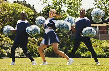 Image showing Cheerleader team, blur and portrait of people in dance performance on field outdoor for exercise, formation or training. Smile, cheerleading group and support at event, sport competition and energy