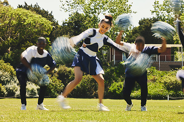 Image showing Cheerleader team, blur and people dance in performance on field outdoor for exercise, training and healthy body. Smile, cheer group and support at event, sports competition and workout with energy