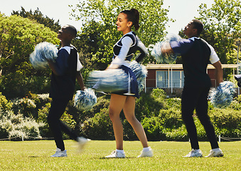 Image showing Motion blur, smile and a cheerleader group of young people outdoor for training routine or sports event. Energy, support or diversity with a happy young cheer squad on a field together for motivation