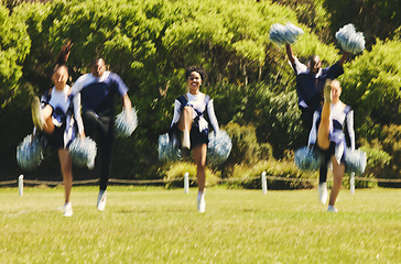 Image showing Motion blur, support and a cheerleader group of young people outdoor for a training routine or sports event. Energy, teamwork and diversity with a happy cheer squad on a field together for motivation