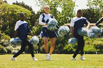 Image showing Portrait, motivation and a cheerleader team of young people outdoor for a training routine or sports event. Smile, fitness and diversity with a happy cheer squad group on a field together for support