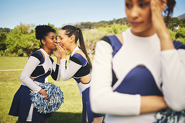 Image showing Bullying, cheerleading and friends with gossip about girl, talking behind back and secret. School, psychology and students speaking about teenager with rumor, problem or conversation as cheerleaders