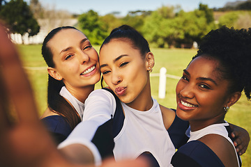 Image showing Field, girl or cheerleaders in team selfie at a game with support in training, exercise or fitness workout. Female athletes, teamwork or happy sports women in a social media picture or group photo