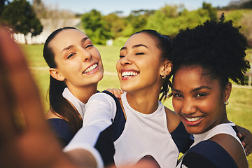 Image showing Portrait, women or cheerleaders in a group selfie at a game with support in training, exercise or fitness workout. Proud girls, smile or happy sports athletes in a social media picture or team photo