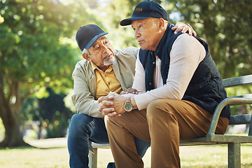 Image showing Elderly men, park and comfort with friends, nature and communication with support in retirement. Empathy, closeup and senior people in conversation with trust, together and care on bench in summer