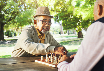 Image showing Playing, outdoor and senior friends for chess, strategy and relax with a sport together. Contest, nature and elderly or old people in retirement with games in a park on a board for competition