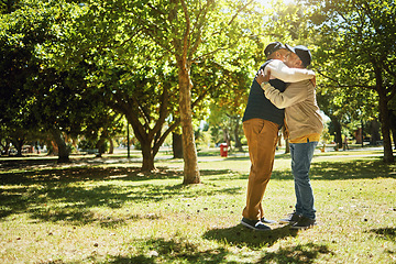 Image showing Mature, men and hug on retirement in park for banner with copy space. Elderly, people or friends in nature, trees or garden for nursing home, vacation or holiday for relaxing, rehabilitation or fun