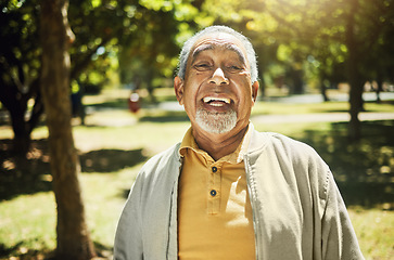 Image showing Happy, senior man and portrait in nature, garden or park with freedom, confidence and wellness in retirement. Relax, face and elderly smile with pride in backyard, environment or holiday in summer